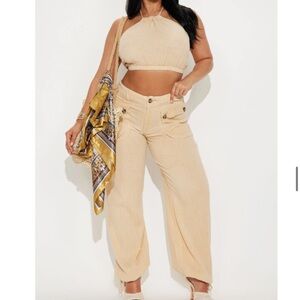 NEW Fashion Nova Beige Halter Top and Wide-Leg Pants Set
